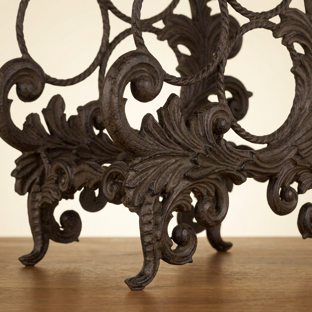 Close-up of the Bellavita Three-Bottle Wine Rack’s cast aluminum acanthus leaves, scrollwork, and decorative feet.