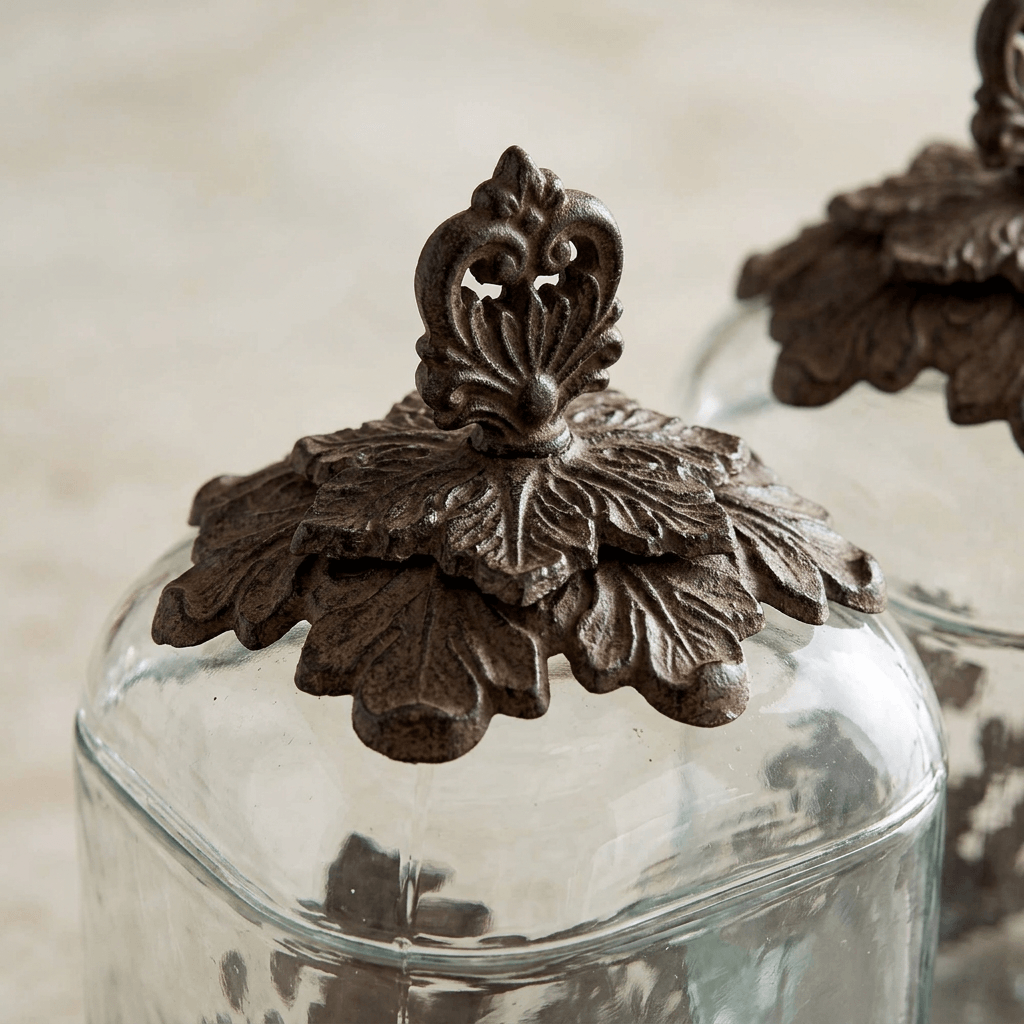 Close-up of the Bellavita canister's domed glass lid with dark metal leaf overlay and ornate finial