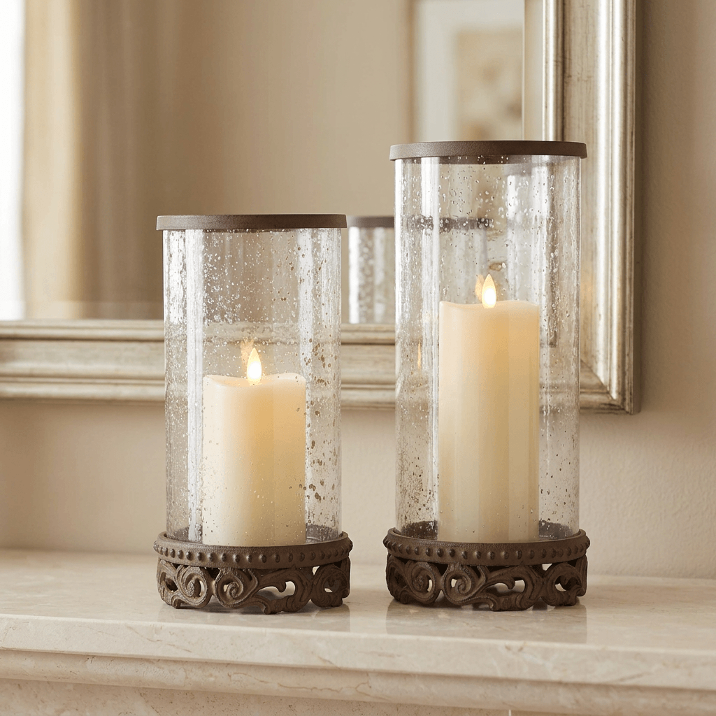 Both sizes of Bellavita Glass Hurricane Candle Holder styled with ivory flameless pillar candles on a pale fireplace mantel. Holders sold individually; candles not included.