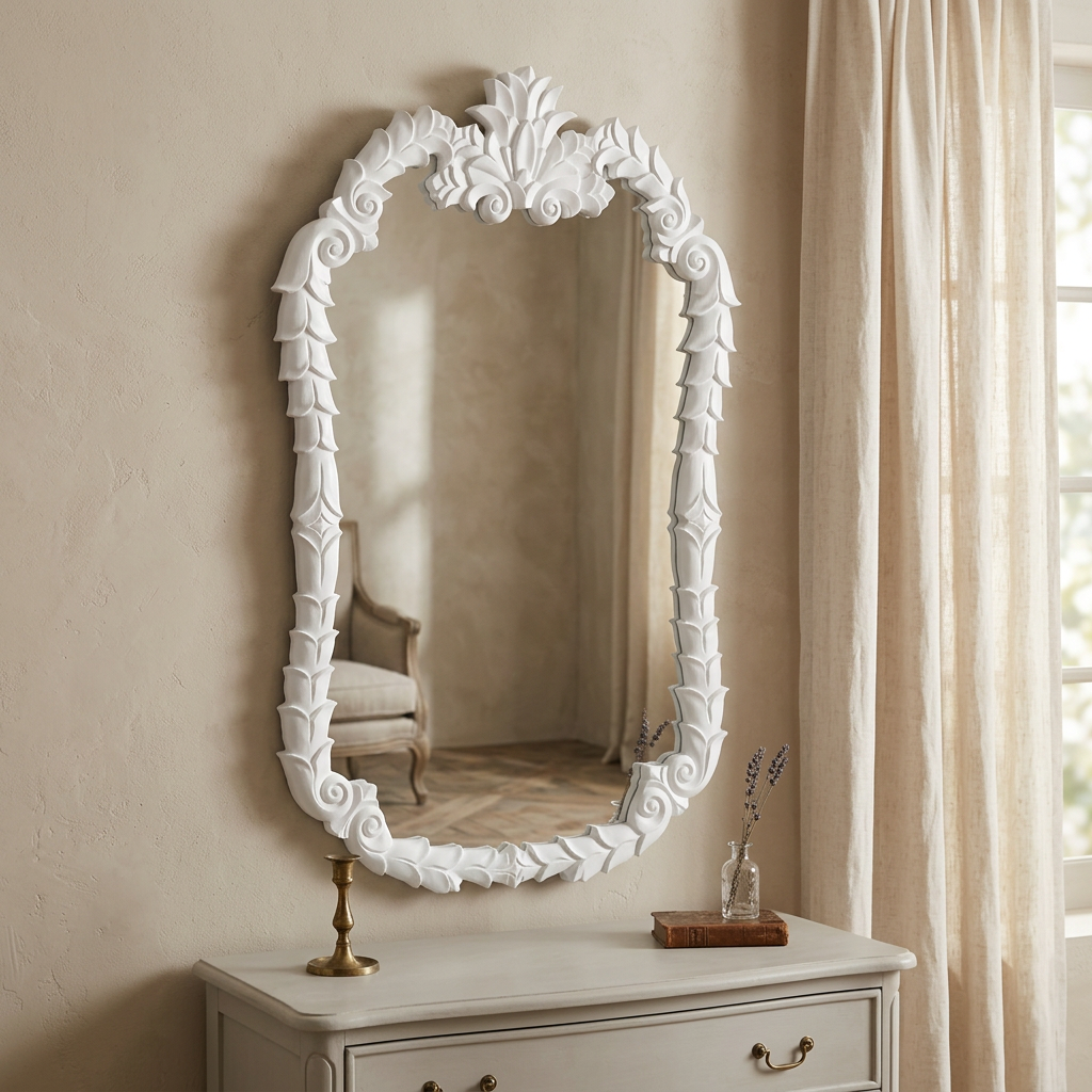 White Colette carved wood wall mirror above a pale gray chest in a softly lit French-inspired living room.
