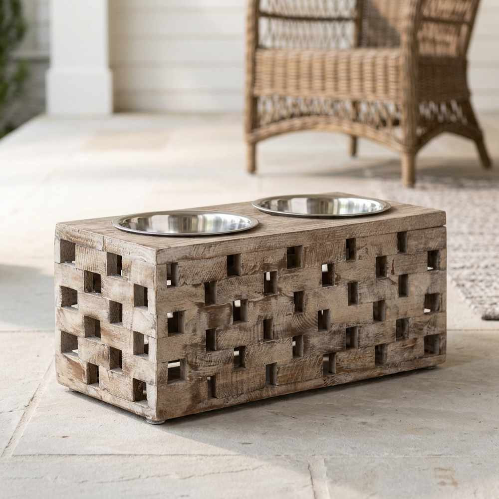 Open-block reclaimed wood pet feeder with two stainless steel bowls on a covered porch.