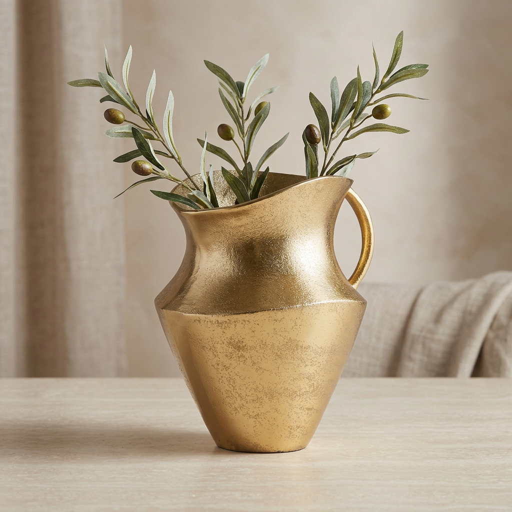 Gold cast aluminum decorative pitcher styled with faux olive branches on a light stone tabletop.