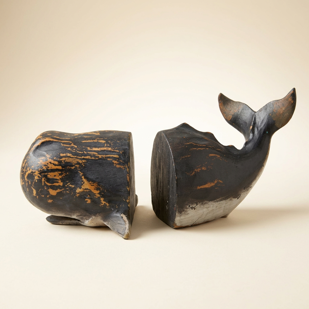 Two-piece distressed sperm whale bookends with charcoal head and raised tail on an ivory background