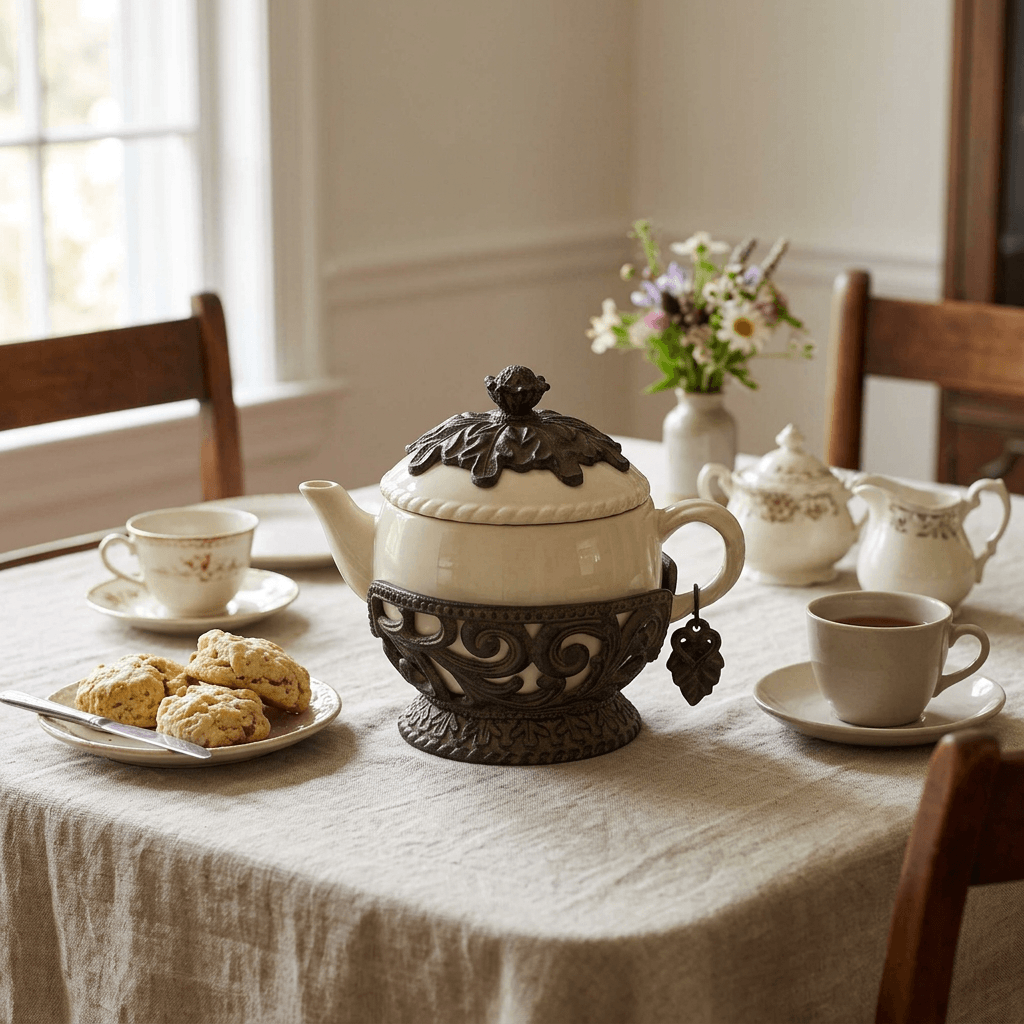 Cream teapot with ornate metal holder at a linen-covered tea-party table with cups and scones