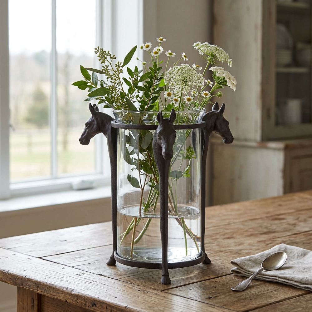 Equestrian hurricane vessel styled with wildflowers on a farmhouse table