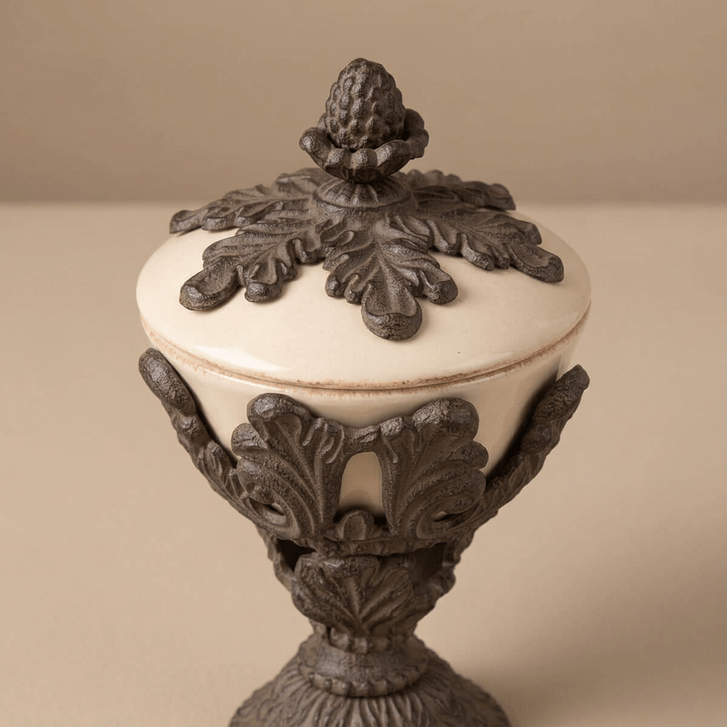 Close view of the Bellavita Stoneware Lidded Nut Bowl's acanthus leaf lid and textured botanical finial