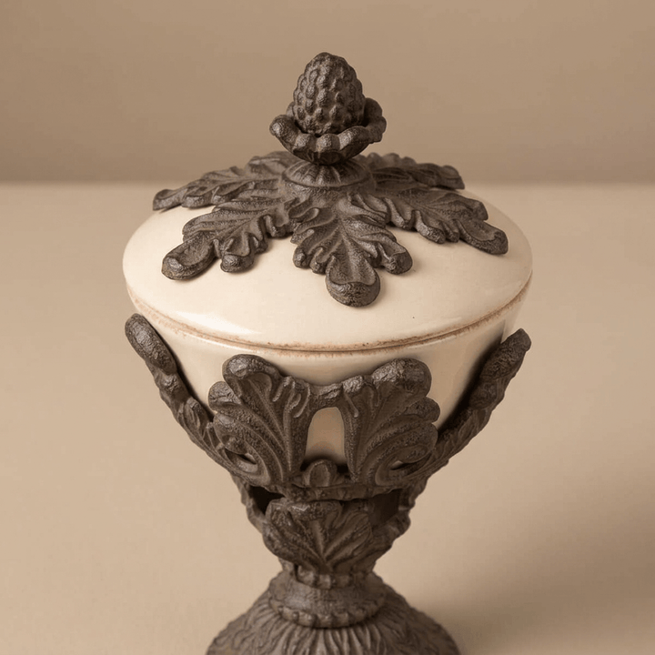 Close view of the Bellavita Stoneware Lidded Nut Bowl's acanthus leaf lid and textured botanical finial