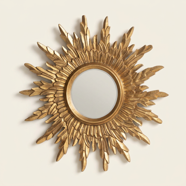 Celeste Gold Sunburst Wall Mirror with layered carved wood rays and a Light Antique Gold finish against an ivory background.