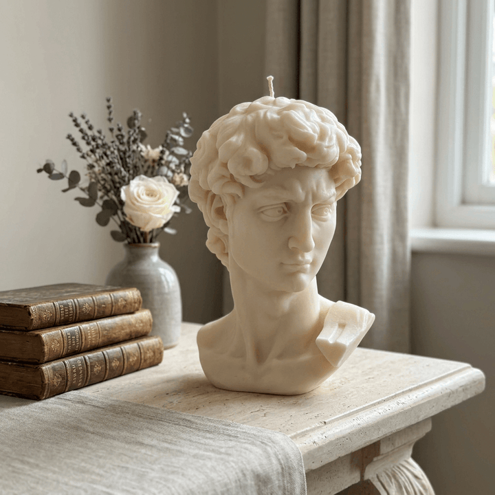 Ivory Michelangelo David bust candle styled on a stone console with antique books and flowers.