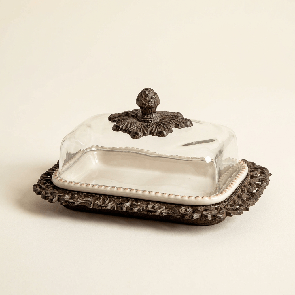 Bellavita butter dish with cream ceramic insert, glass dome and dark acanthus base on an ivory background