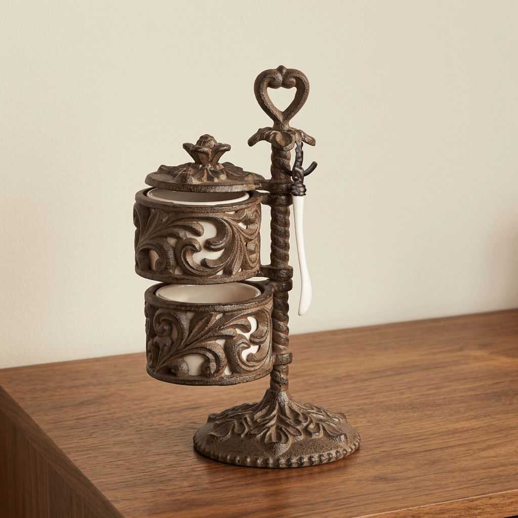 Bellavita Spice Cellar displaying scrolling metalwork and stacked ceramic jars on a walnut sideboard.