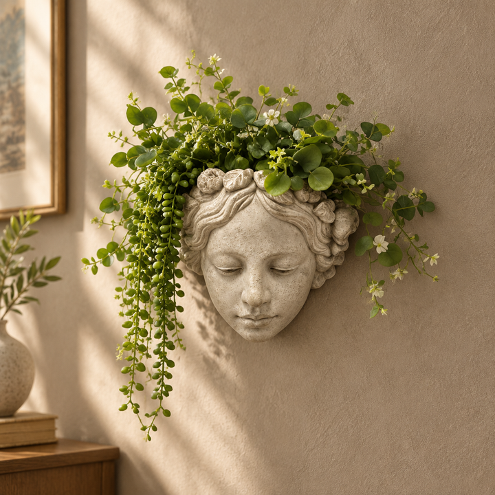 Angled view of Cement Sun Goddess Wall Planter with cascading greenery against a textured taupe wall.
