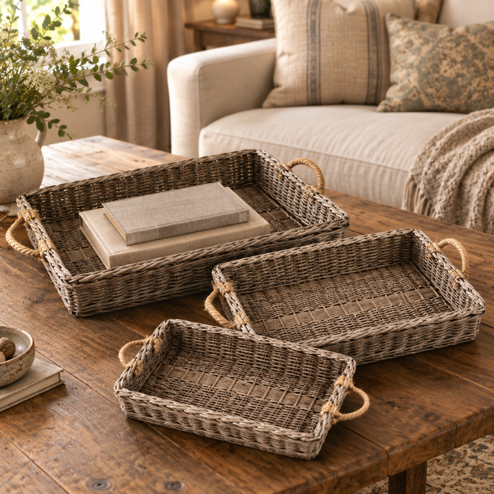 Three willow trays with jute handles styled with books on a wooden coffee table