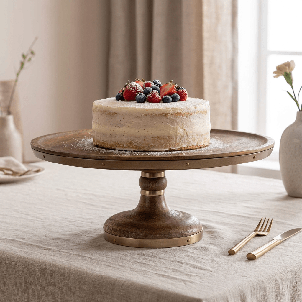 Aurelle mango wood cake stand displaying a vanilla layer cake topped with berries