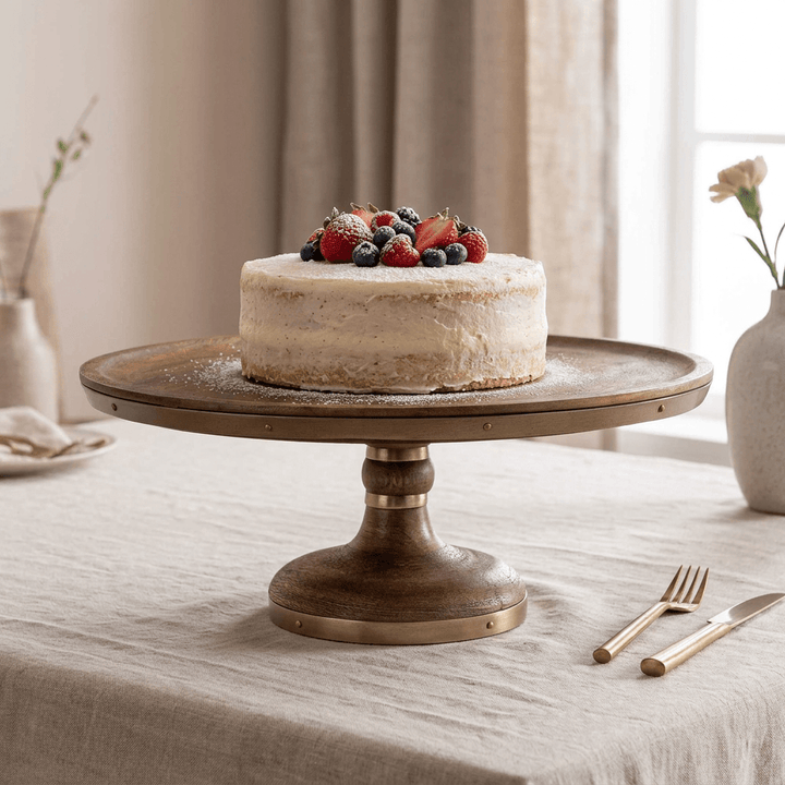 Aurelle mango wood cake stand displaying a vanilla layer cake topped with berries