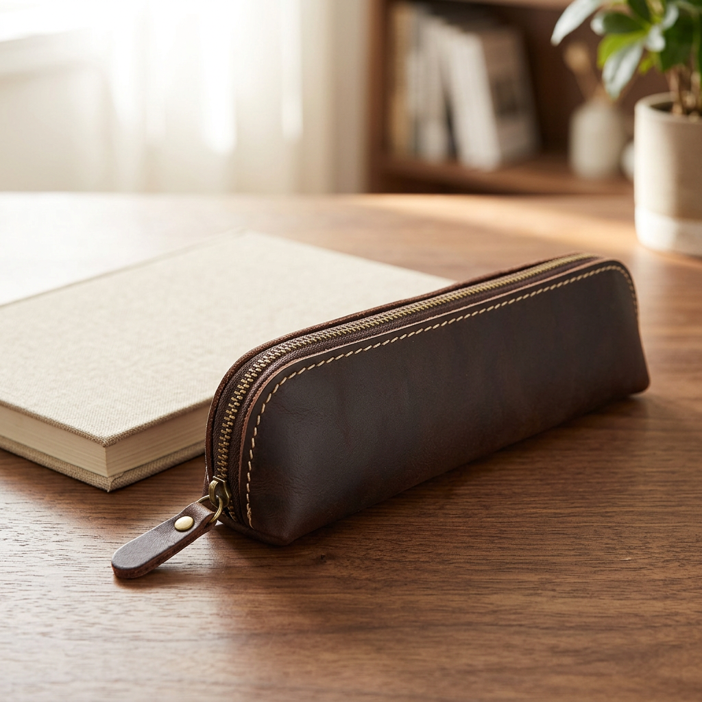 Dark brown leather pencil case with contrast stitching styled on a walnut writing desk beside a linen journal.