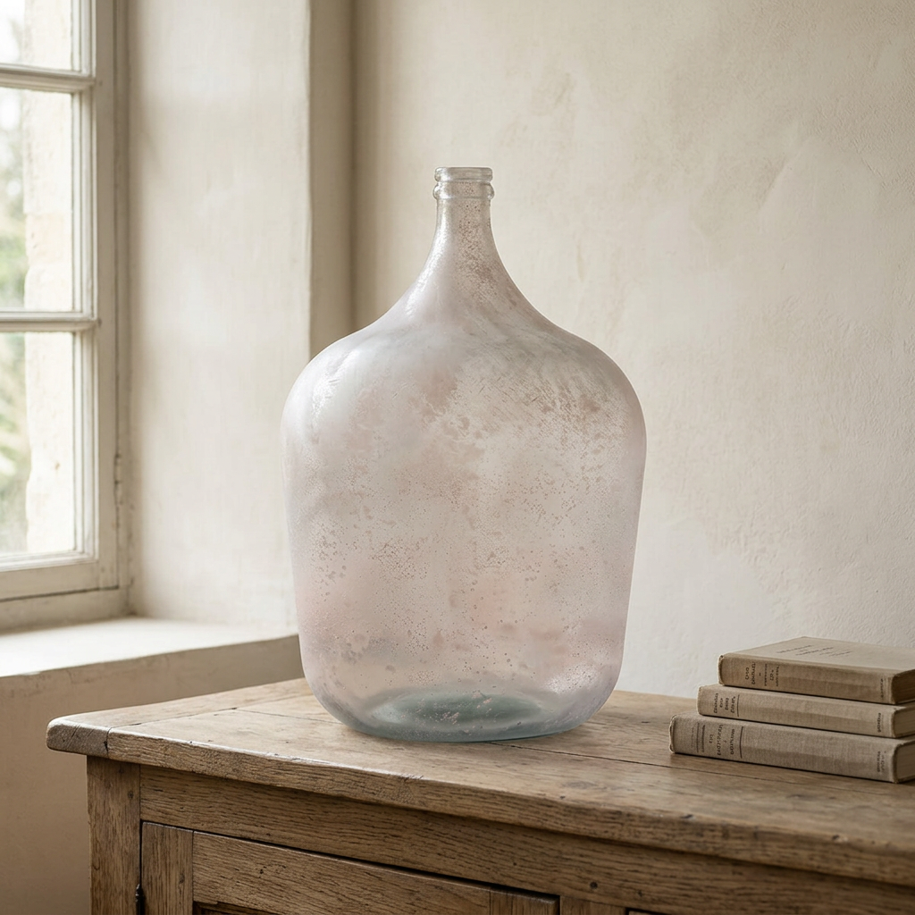 Misted Glass Demijohn Vase displayed on an aged wood sideboard beside neutral books in soft natural window light.
