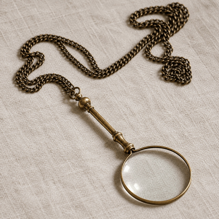 Angled detail of antiqued brass magnifying glass showing lens rim turned handle and chain