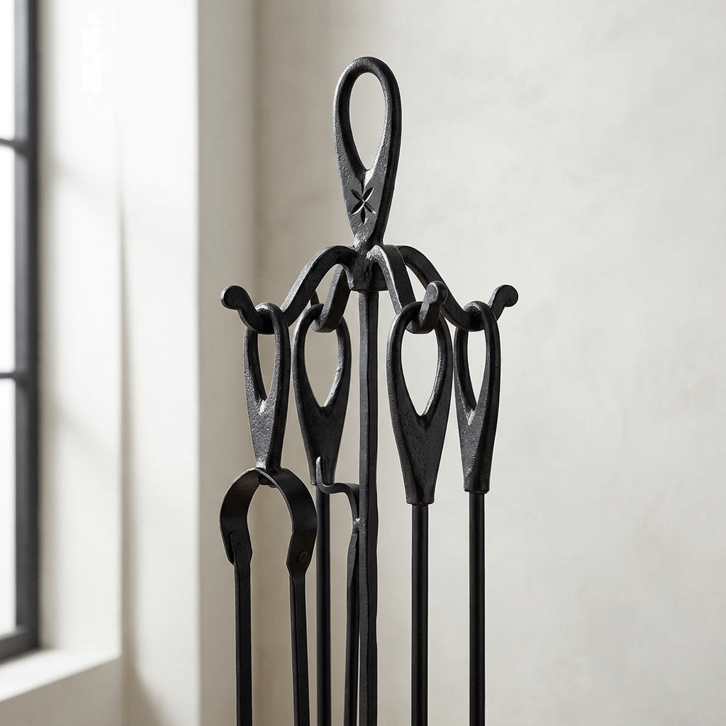 Close detail of oval loop handles and the upper stand of a black wrought iron fireplace tool set