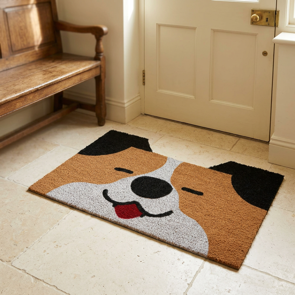 Dog-face coir doormat on pale tile beside a cream door in a cozy indoor entryway.
