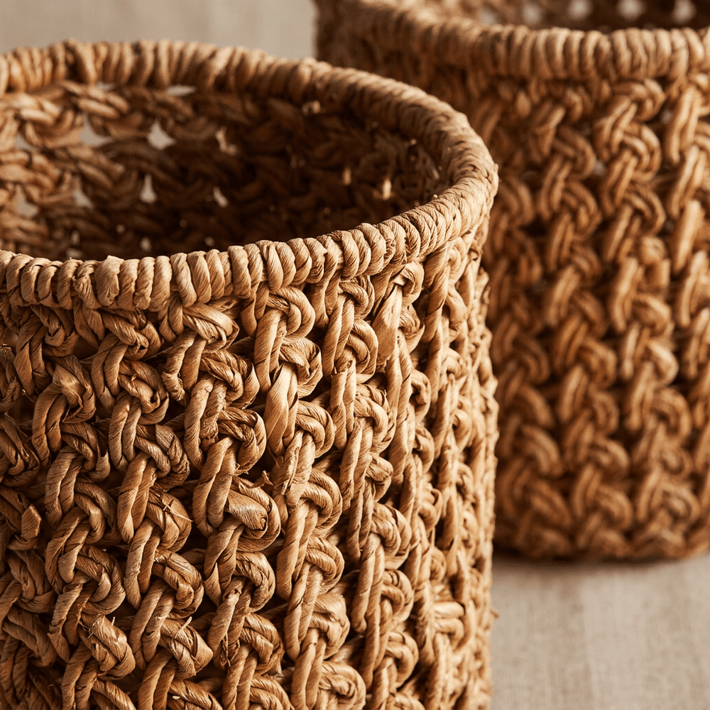 Close-up of natural banana leaf fibers, open braided weave and the thick wrapped rim of a storage basket