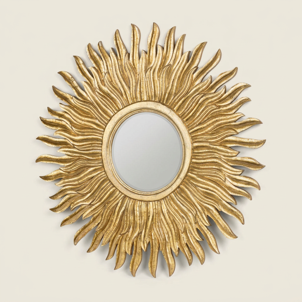 Aurelia Gold Sunburst Wall Mirror with flowing carved rays against an ivory studio background.