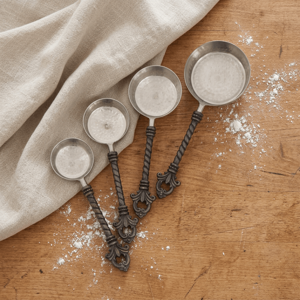 Top-down view of four Bellavita measuring cups on a wooden table beside linen and scattered flour
