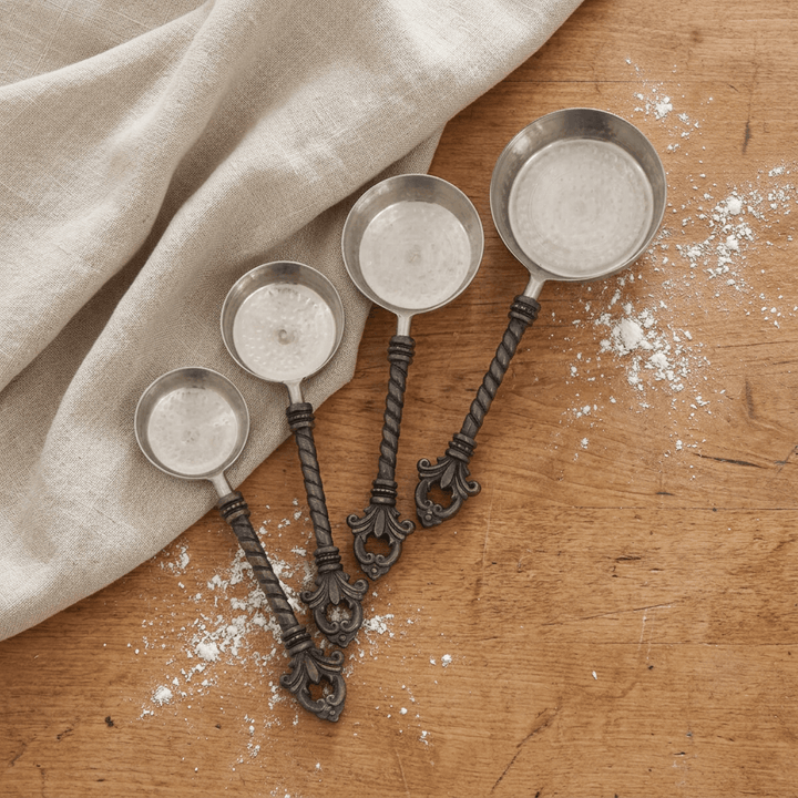 Top-down view of four Bellavita measuring cups on a wooden table beside linen and scattered flour