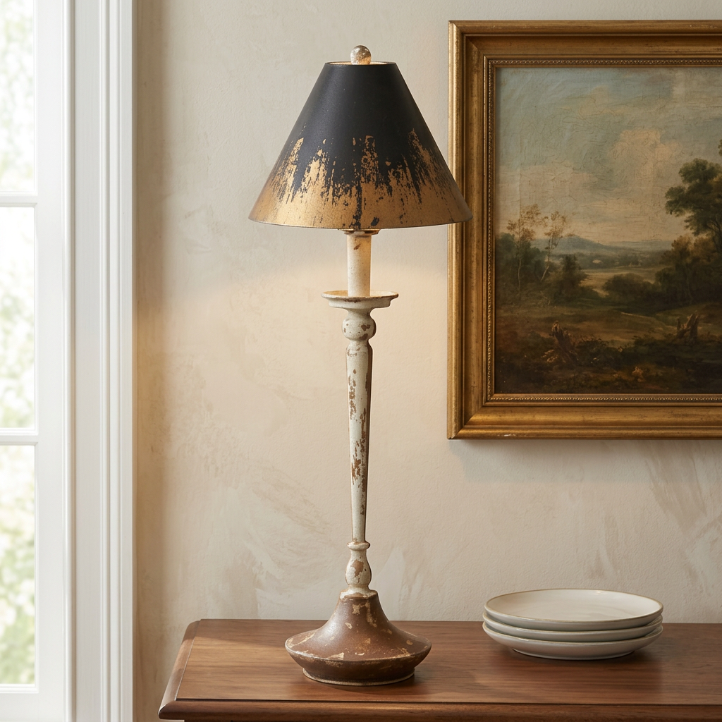 Lucien distressed buffet lamp on a walnut dining-room sideboard