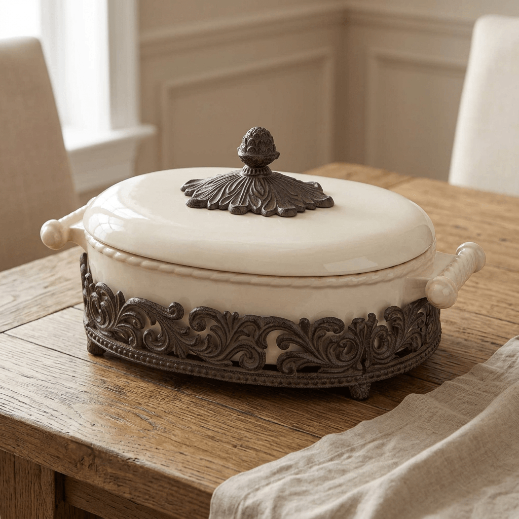 Bellavita cream casserole with dark metal acanthus base on a wood dining table beside linen