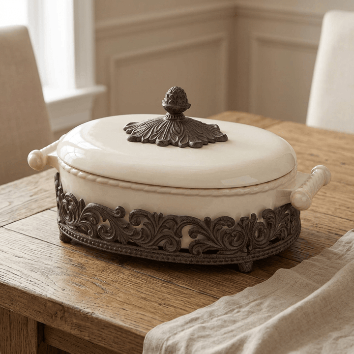 Bellavita cream casserole with dark metal acanthus base on a wood dining table beside linen