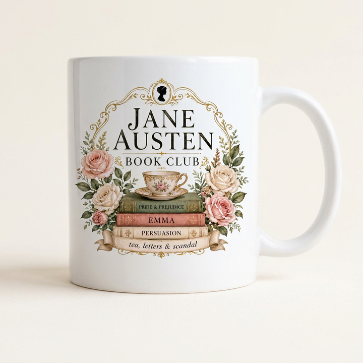 Jane Austen Book Club ceramic mug with floral and book artwork on an ivory studio background.