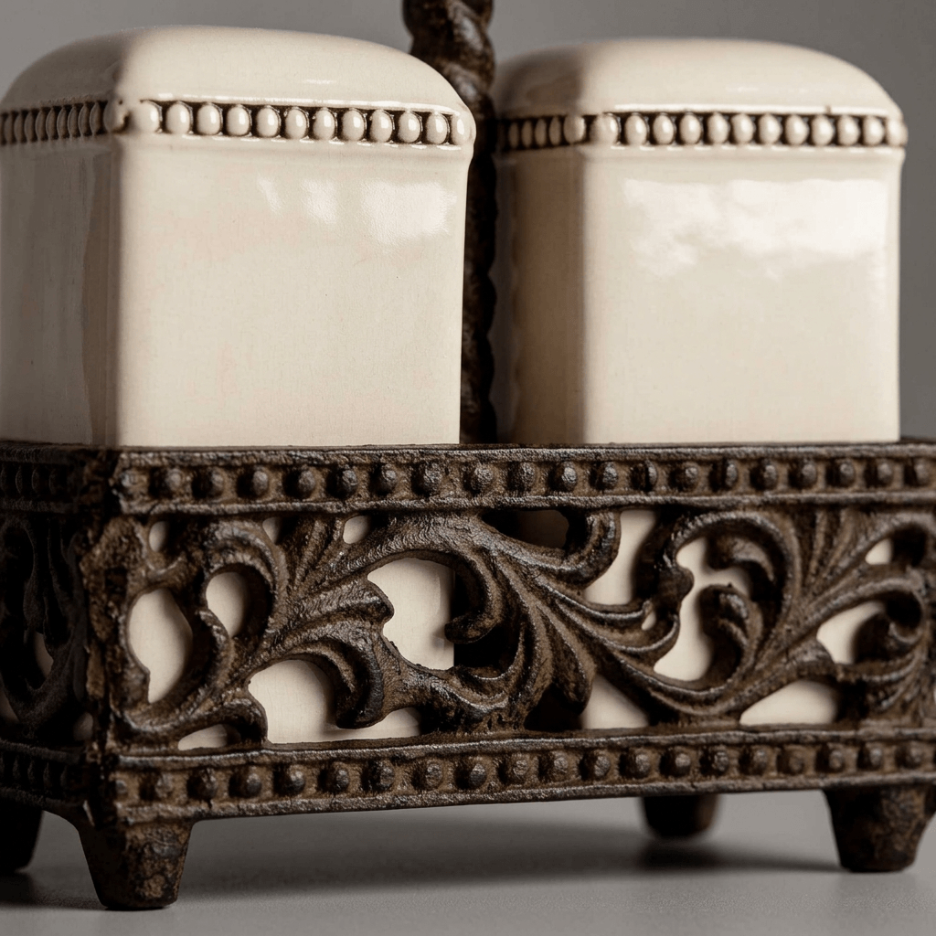 Close-up of Bellavita cream ceramic shakers, beaded borders, and brown acanthus-leaf metalwork.