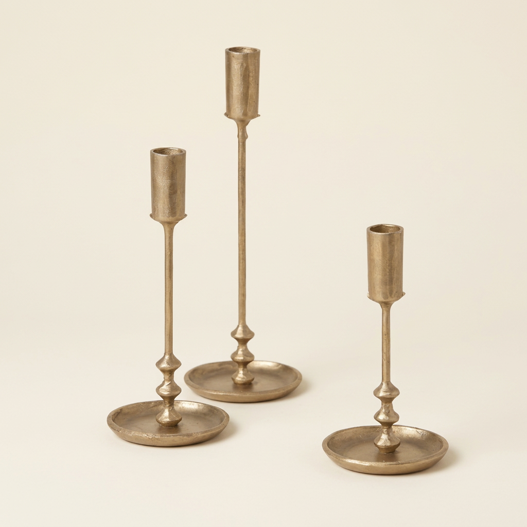 Three graduated antique gold iron taper candle holders with slender stems and shallow round bases on an ivory studio background.