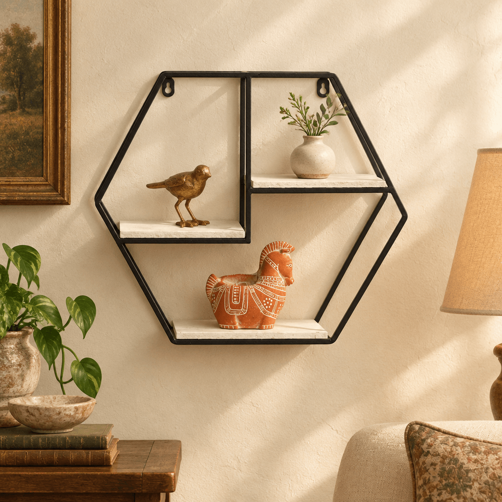 Hexagonal iron and wood wall shelf styled with small decorative objects against a cream wall