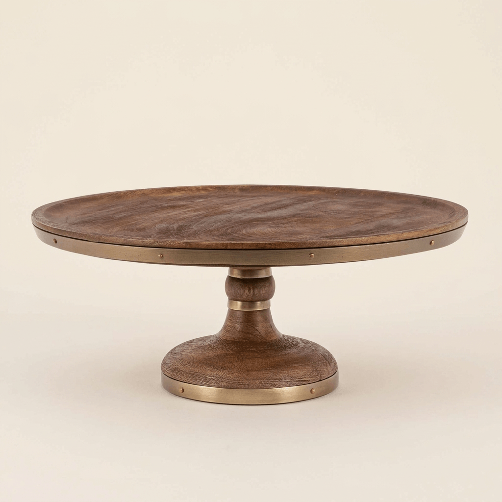 Aurelle mango wood cake stand with antiqued-gold metal bands against an ivory studio background