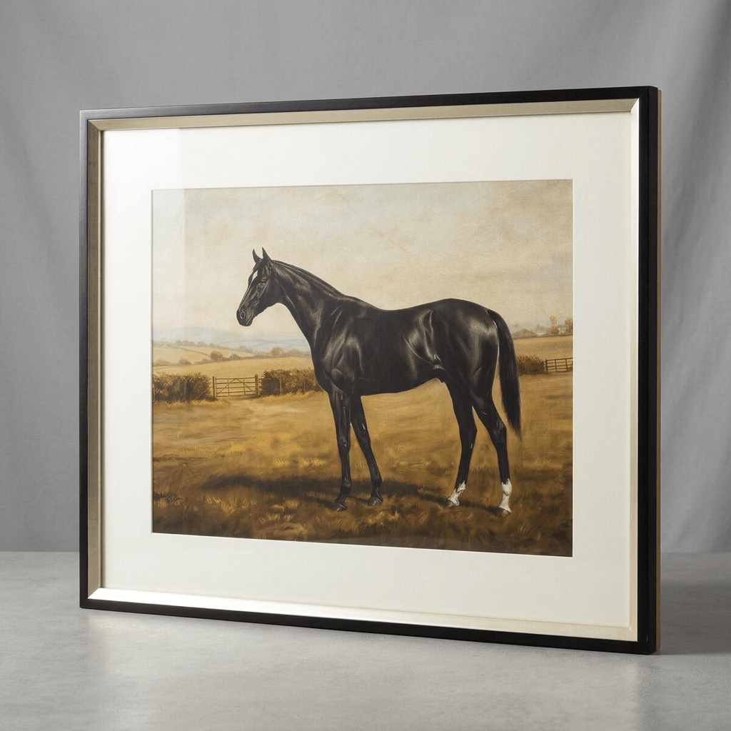 Angled view of the black thoroughbred print showing its broad ivory mat and slim black frame with a gold-toned inner edge.