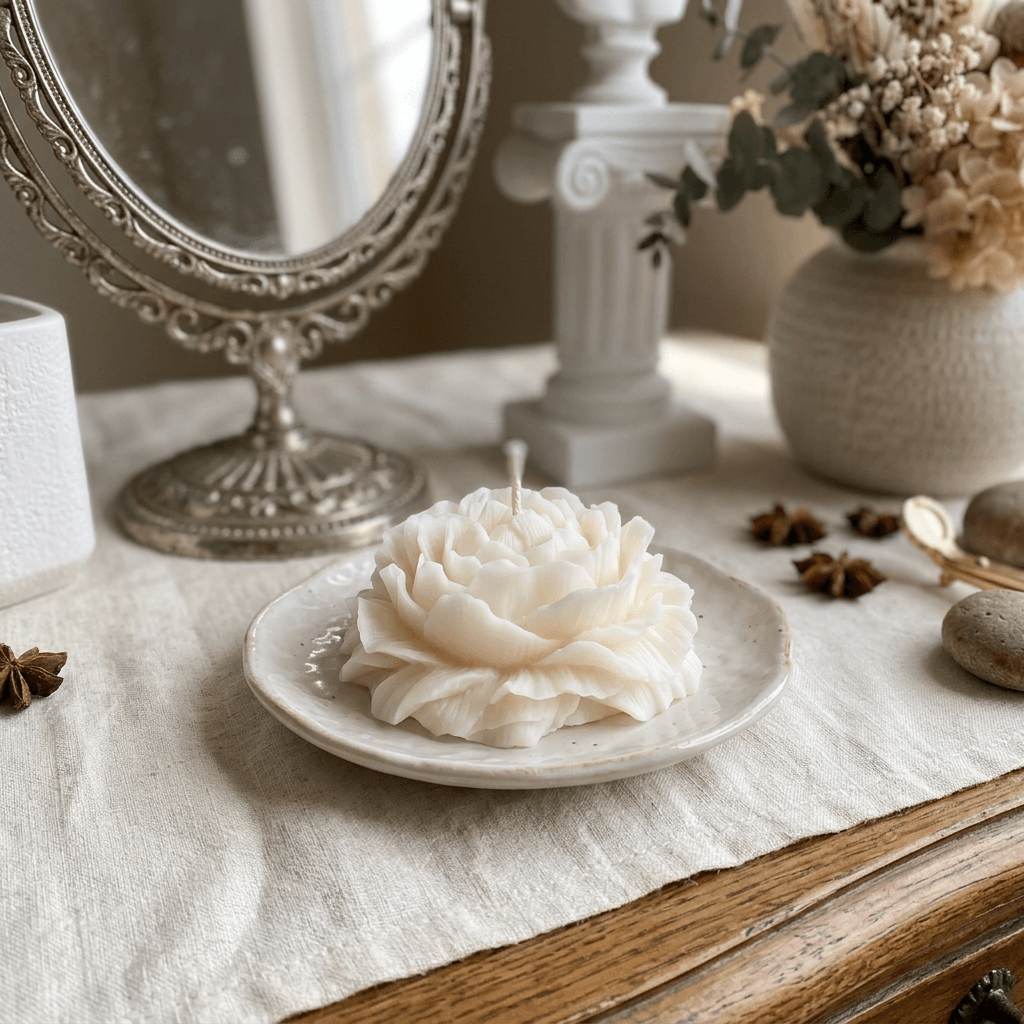 Ivory peony-shaped soy wax candle on a ceramic dish styled on a vintage vanity.