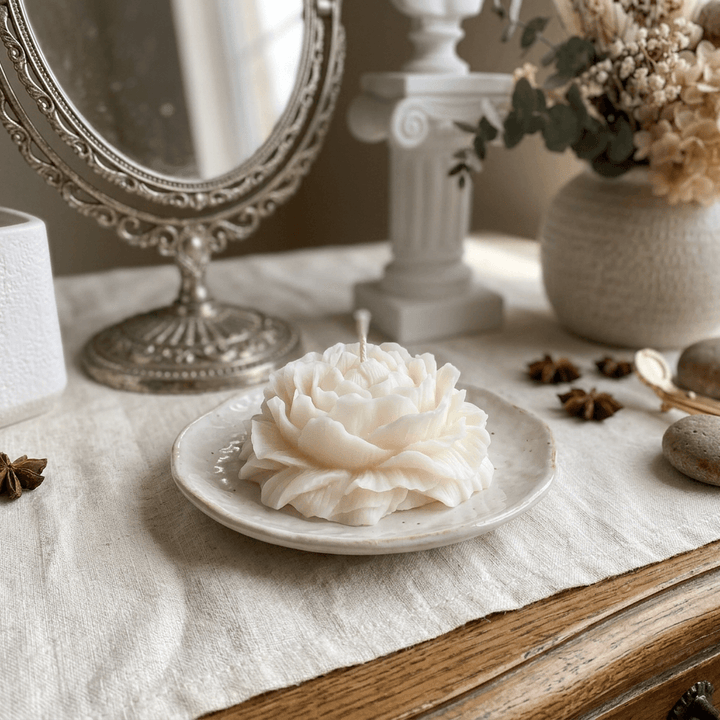 Ivory peony-shaped soy wax candle on a ceramic dish styled on a vintage vanity.