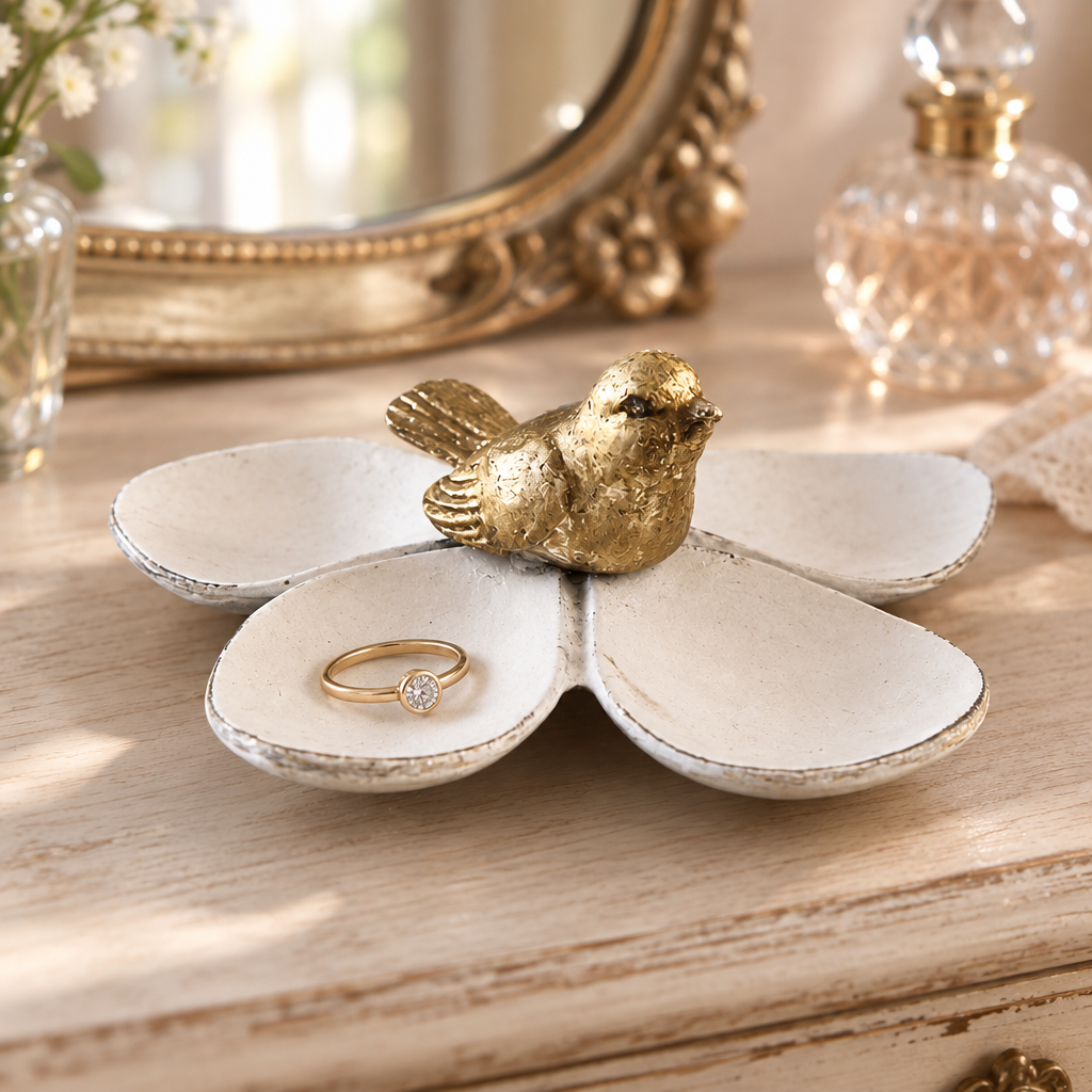 Flower jewelry dish with gold bird and a ring on a pale wood vanity