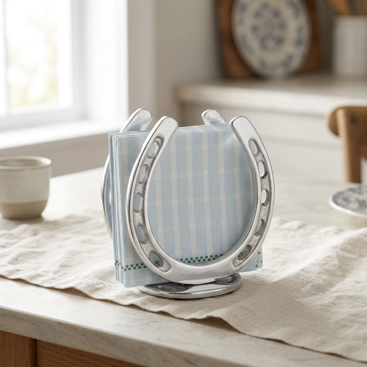 Silver aluminum horseshoe napkin holder with pale blue striped napkins on a light stone breakfast tabletop.