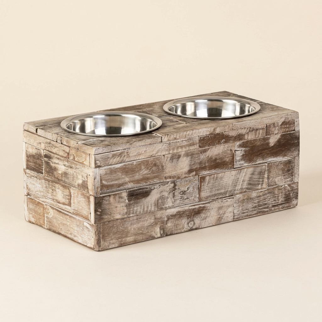 Large solid-sided reclaimed wood pet feeder with two stainless steel bowls on an ivory studio background.