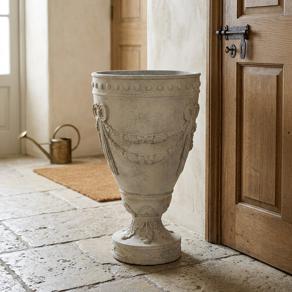 Pale ivory Florentine Floral Urn Planter with raised floral garlands and a round pedestal beside a wooden door.