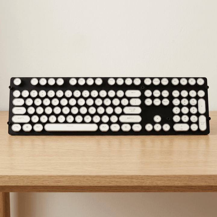 Wired typewriter-style keyboard with white round keycaps, black base and number pad on an oak desk; cable out of view.