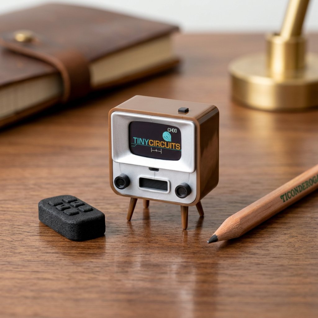 Brown TinyTV 2 miniature television and included black Tiny Remote on a walnut desk with a pencil for scale.