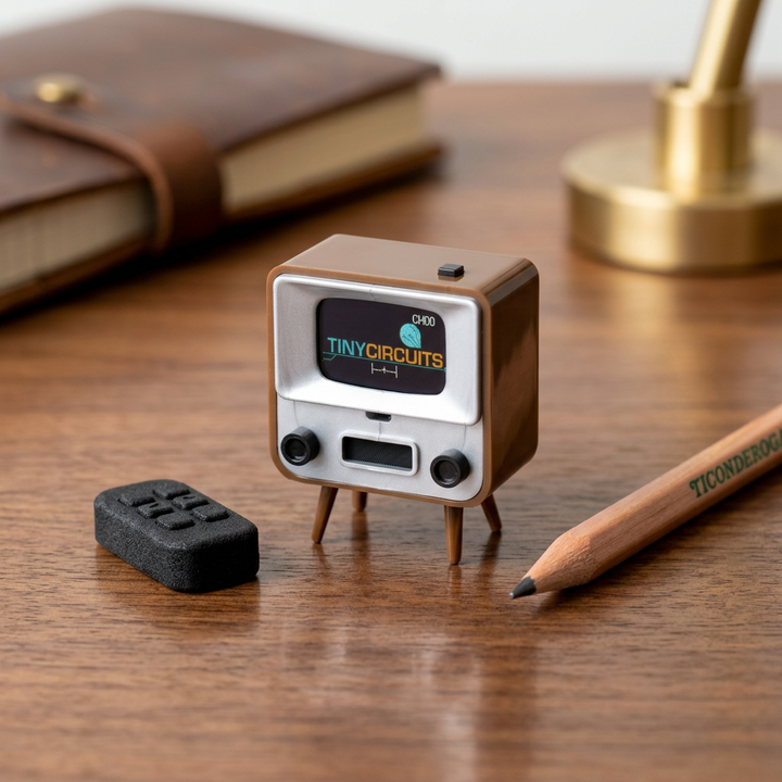 Brown TinyTV 2 miniature television and included black Tiny Remote on a walnut desk with a pencil for scale.