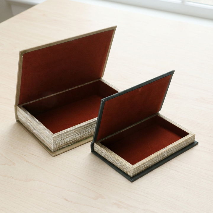 Open decorative book storage boxes showing reddish-brown compartments and cream book-like edges, sold individually