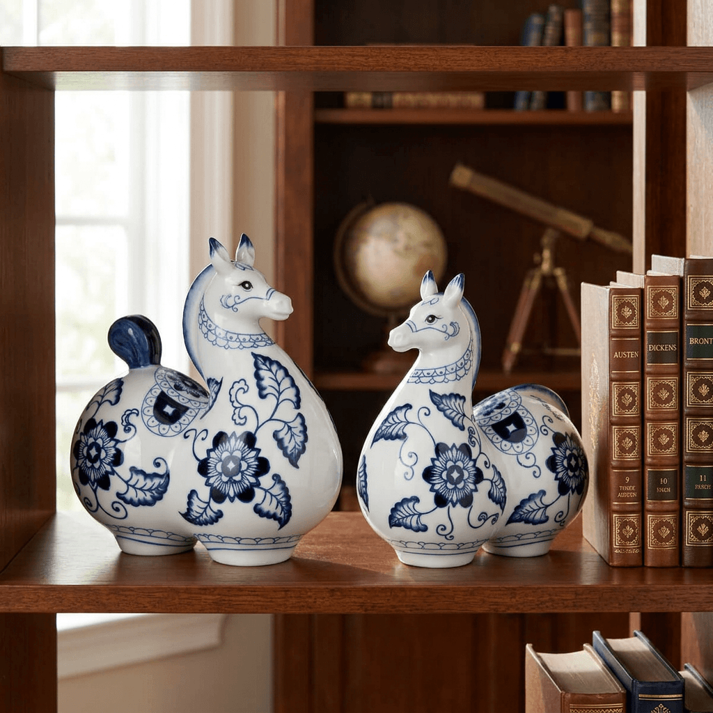Blue-and-white porcelain horse statues displayed beside books on a wooden bookcase shelf.
