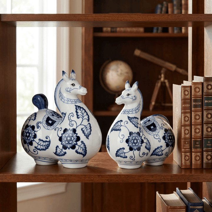 Blue-and-white porcelain horse statues displayed beside books on a wooden bookcase shelf.