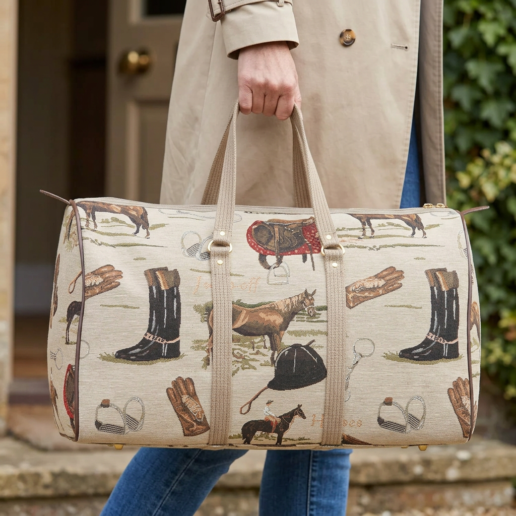 English equestrian tapestry duffle bag carried by its beige handles with a neutral trench coat and jeans.